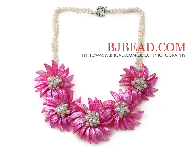 White Freshwater Pearl and Clear Crystal and Hot Pink Shell Flower Necklace