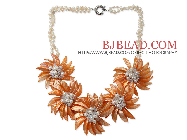 White Freshwater Pearl and Clear Crystal and Orange Yellow Color Shell Flower Necklace
