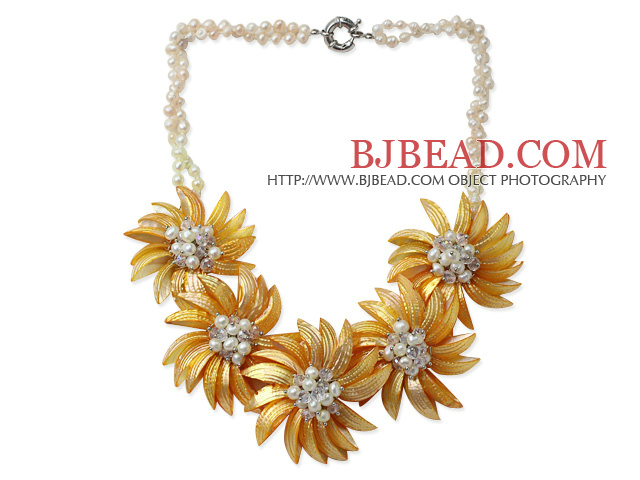 White Freshwater Pearl and Clear Crystal and Yellow Color Shell Flower Necklace