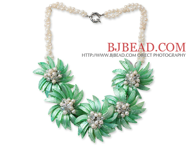 White Freshwater Pearl and Clear Crystal and Green Shell Flower Necklace