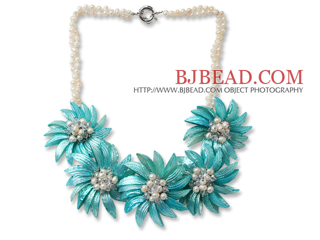 White Freshwater Pearl and Clear Crystal and Blue Shell Flower Necklace