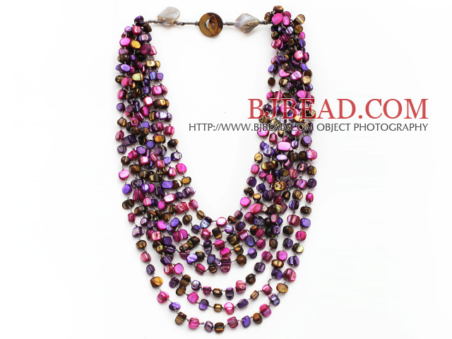 Multi Strands Purple and Hot Pink Color Shell Knotted Necklace with Shell Clasp