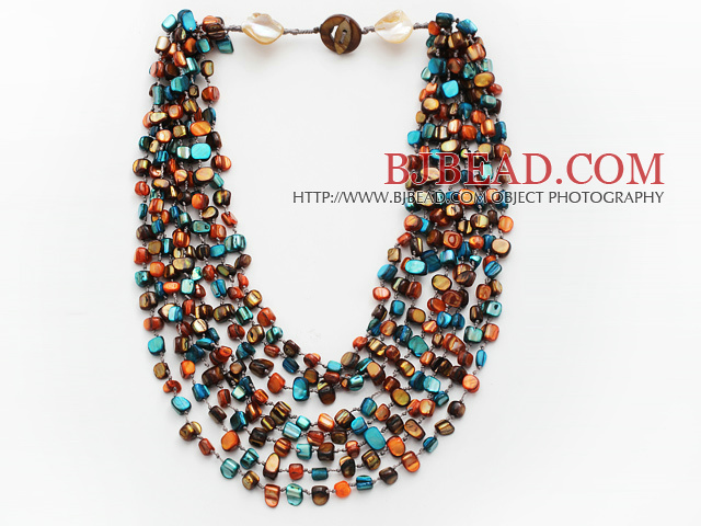 Multi Strands Peacock Green and Brown Color Shell Knotted Necklace with Shell Clasp