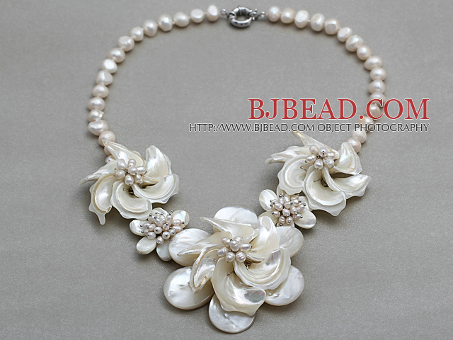 White Freshwater Pearl Shell and White Trochus Shell Flower Necklace