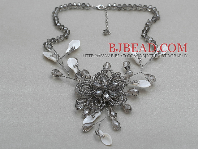 Gray Series Gray Color Crystal and White Shell Flower Necklace with Extendable Chain