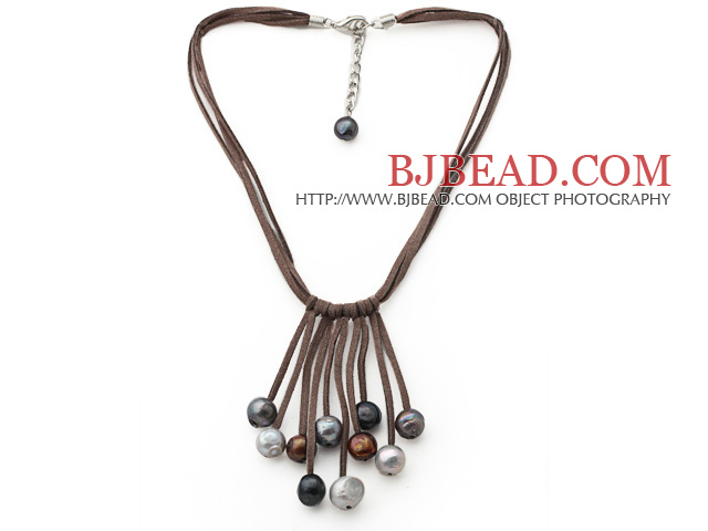 Potato Shape Gray and Black and Brown Color Fan Shape Pearl Leather Necklace with Brown Leather
