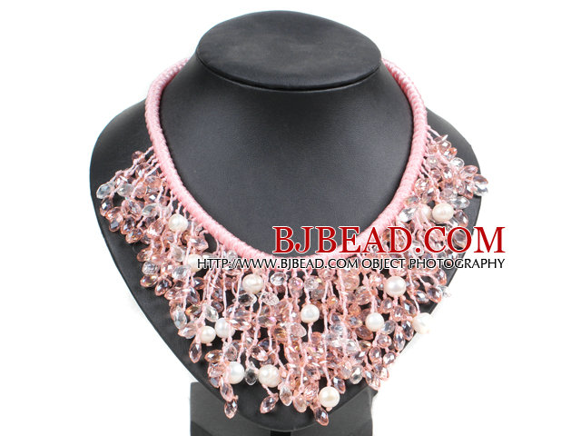 Marvelous Statement Pink Series Natural Freshwater Pearl Crystal Hand-Knitted Bib Necklace