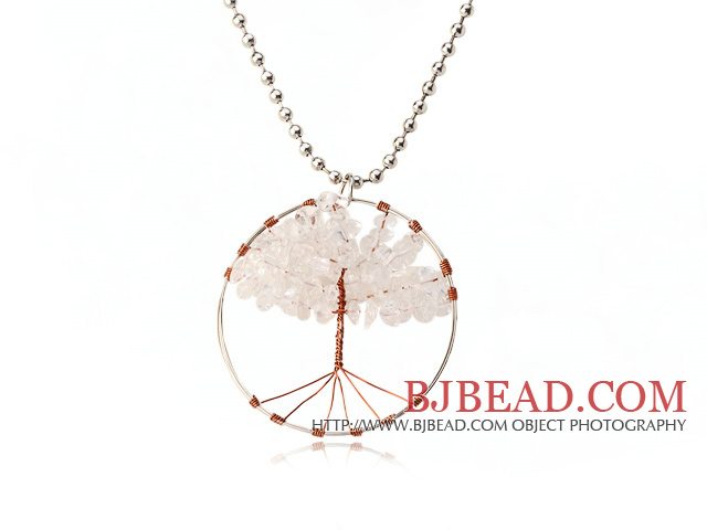 Pretty Wired Crochet Rose Quartz Chips Life Tree Pendant Necklace With Silver Beads Strand