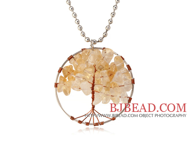 Pretty Wired Crochet Citrine Chips Life Tree Pendant Necklace With Silver Beads Strand