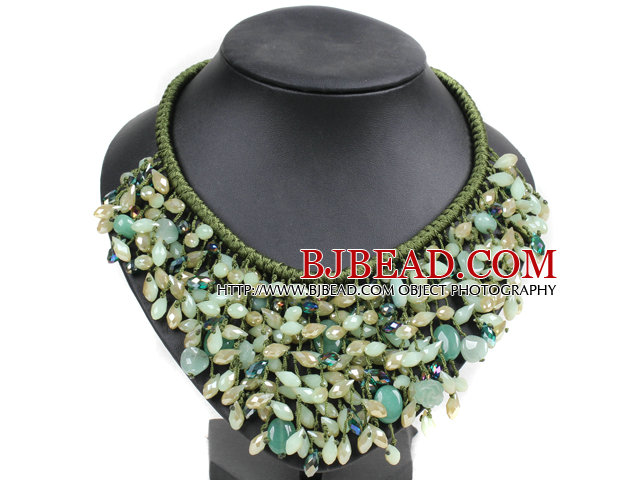 Marvelous Statement Green Series Aventurine Jade-Like Crystal Beads Hand-Knitted Bib Necklace