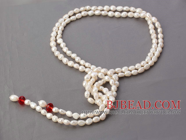Fashion Long Style 8-9Mm White Baroque Pearl And Red Crystal Strand Necklace, Sweater Necklace