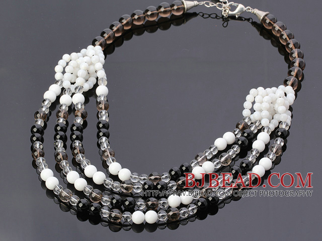 Fashion Multilayer Round Smoky Quartz Black Agate White Porcelain And Shell Beads Necklace