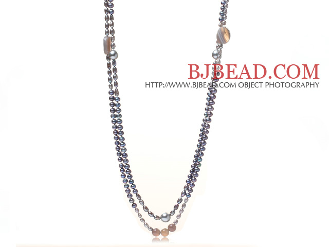 Fashion Long Design Double Strand Black And Gray Freshwater Pearl And Gray Agate Beads Necklace,Sweater Necklace