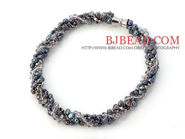 Elegant Multi Strands Twisted Black Freshwater Pearl And Gray Crystal Necklace With Magnetic Clasp