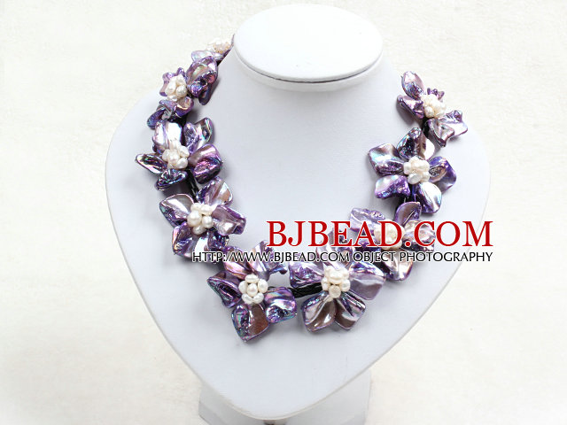 Beautiful Purple Series 9 Natural White Pearl Shell Flowers Leather Necklace