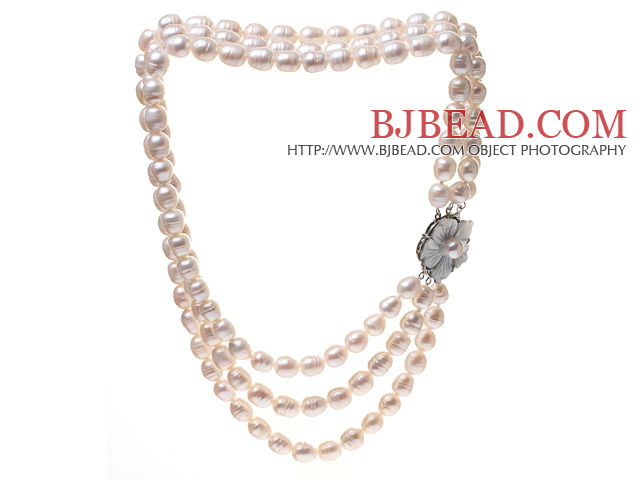 Fashion Three Strands 9-10mm Natural White Rice Shape Freshwater Pearl Necklace With Shell Flower Clasp (No Box)