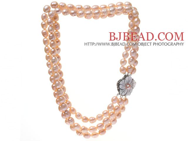 Fashion Three Strands 9-10mm Natural Pink Rice Shape Freshwater Pearl Necklace With Shell Flower Clasp (No Box)