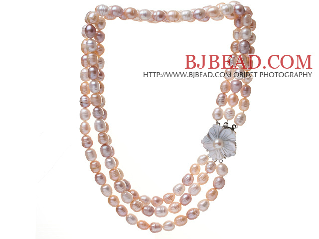 Fashion Three Strands 9-10mm Natural White Pink And Purple Rice Shape Freshwater Pearl Necklace With Shell Flower Clasp (No Box)