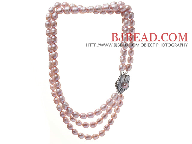 Fashion Three Strands 9-10mm Natural Purple Rice Shape Freshwater Pearl Necklace With Shell Flower Clasp (No Box)