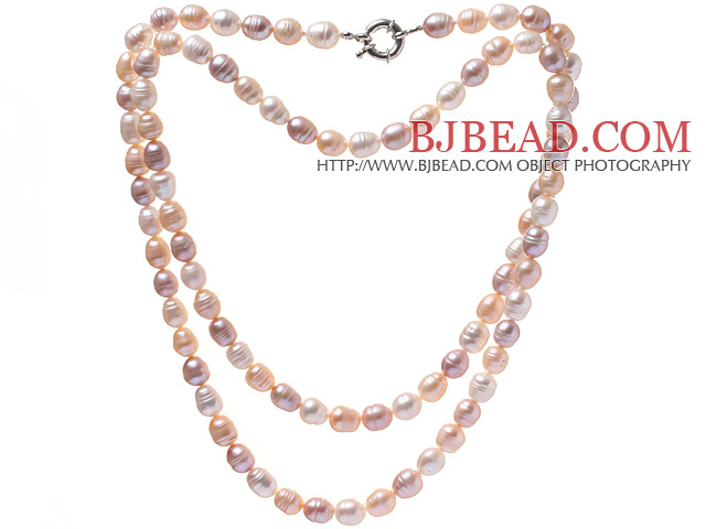 Fashion Long Design 9-10mm Natural Mixed White Pink And Purple Freshwater Pearl Necklace With Moonight Clasp