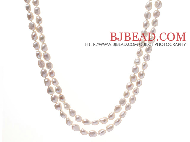 Fashion Long Design 10-11mm Natural White Baroque Freshwater Pearl Strand Necklace