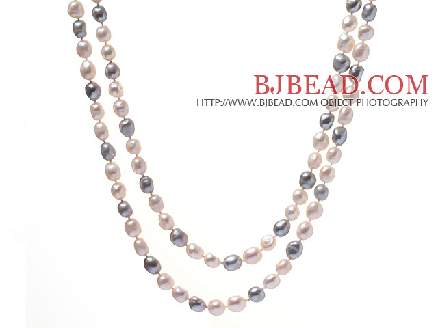 Fashion Long Design 9-10mm Natural White And Gray Baroque Freshwater Pearl Strand Necklace