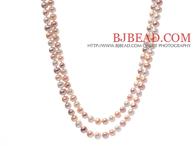 Classic Long Style 8-9mm Natural White Pink Freshwater Pearl Beaded Strand Necklace