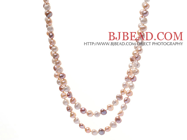 Classic 7-8mm Long Design Natural White Pink And Purple Freshwater Pearl Strand Necklace