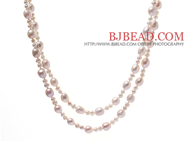 Classic Long Design Mixed Size Natural White Freshwater Pearl Beaded Strand Necklace