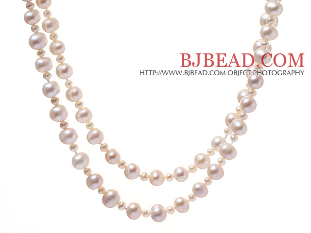 Classic Long Design Mixed Size Natural White Freshwater Pearl Beaded Strand Necklace