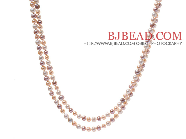 Fashion Long Design 6-7mm Natural White Pink And Purple Freshwater Pearl Beaded Strand Necklace