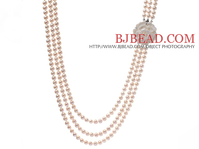 Classic Three Strands 8-9mm Natural White Freshwater Pearl Beaded Necklace With Shell Flower Clasp