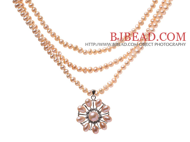 Elegant Three Strands 4-5mm Natural Pink Freshwater Pearl Beaded Necklace With Lovely Pearl Flower Pendant