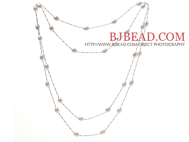 Nice Long Style 6-7mm Natural White Freshwater Pearl Necklace With Silver Color Chains