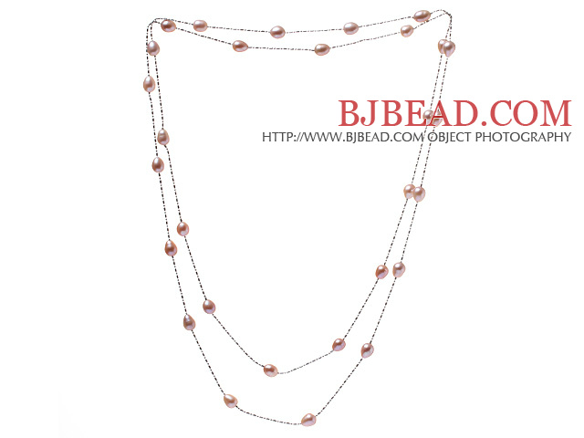 Nice Long Style 6-7mm Natural Pink Freshwater Pearl Necklace With Silver Color Chains