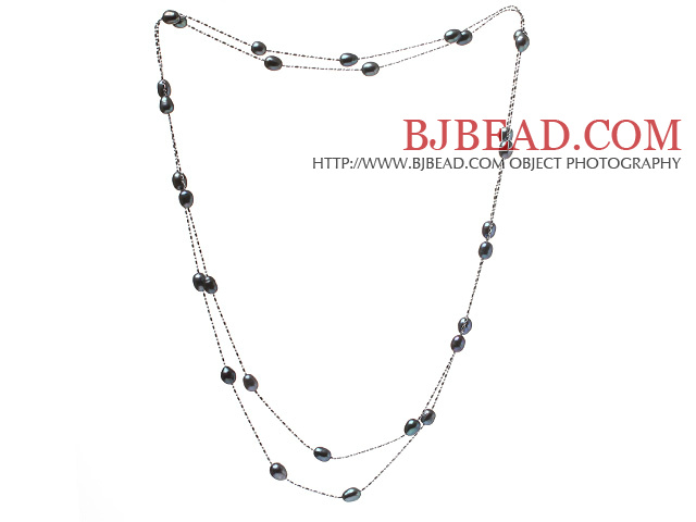 Nice Long Style 6-7mm Natural Black Freshwater Pearl Necklace With Silver Color Chains