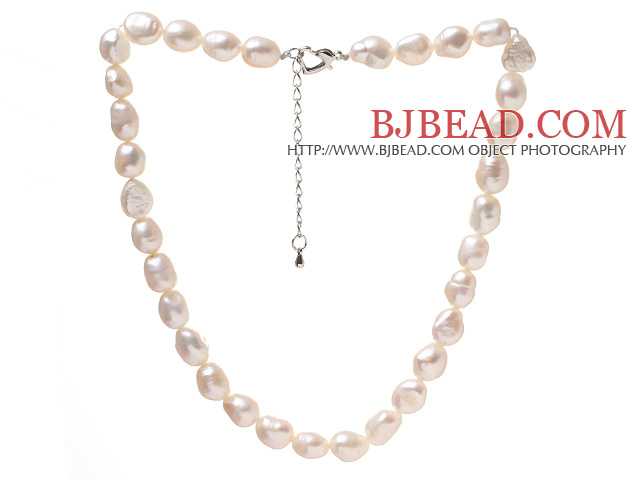 Fashion Single Strand 9-10mm Natural White Baroque Freshwater Pearl Beaded Necklace With Heart Clasp (No Box)