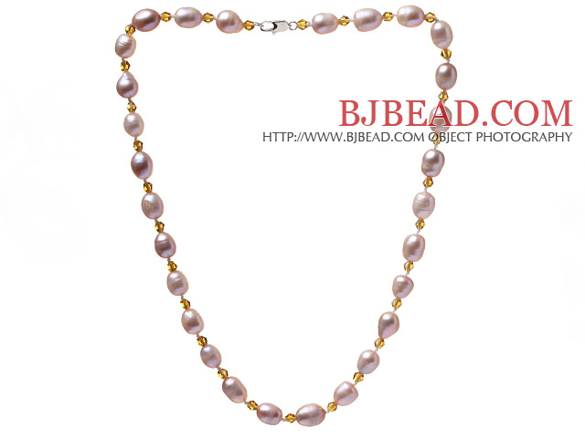 Fashion Single Strand 8-9mm Natural Pink Freshwater Pearl And Yellow Crystal Beaded Necklace (No Box)