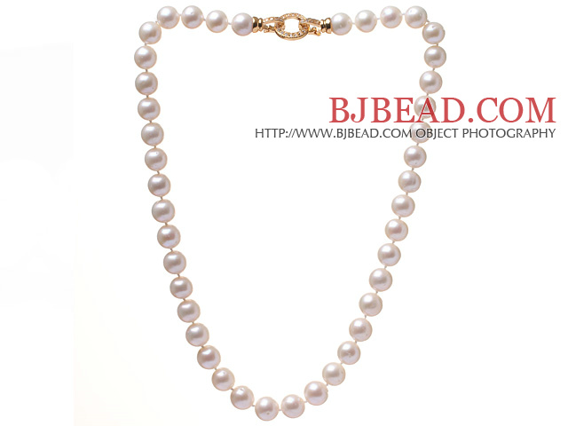 Fashion A Grade 9.5-10mm Natural White Freshwater Pearl Beaded Necklace With Golden Rhinestone Clasp (No Box)