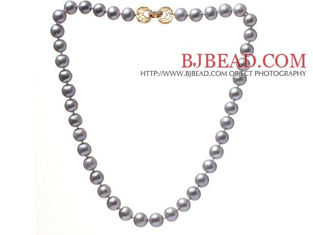 Fashion A Grade 10-10.5mm Natural Gray Freshwater Pearl Beaded Necklace With Golden Rhinestone Clasp (No Box)