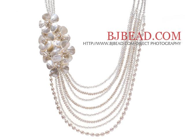 Fashion Multi Strands Natural White Freshwater Pearl Shell Flower And Crystal Beads Party Bridal Necklace
