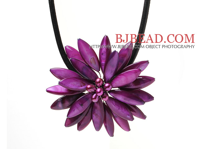 Classic Natural Purple Series Freshwater Pearl Shell Flower Party Necklace With Black Leather