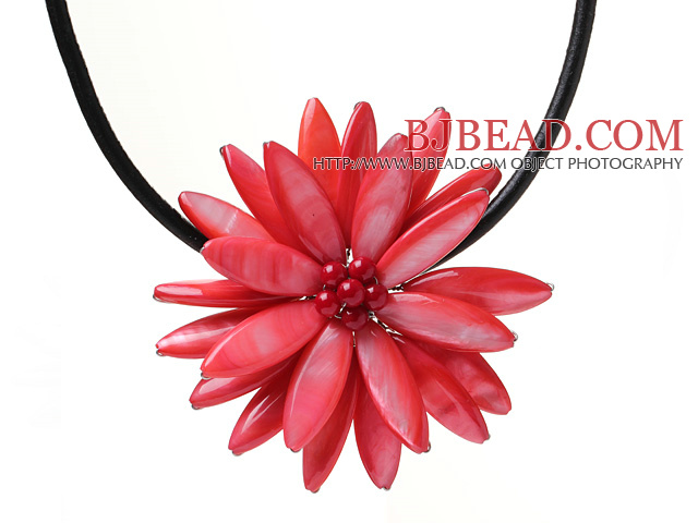Classic Natural Red Series Freshwater Pearl Shell Flower Party Necklace With Black Leather