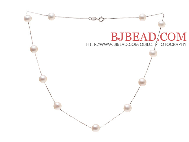 High Quality Single Strand 8-9mm Natural White Freshwater Pearl Necklace With 925 Sterling Silver Chains (No Box)