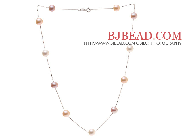 High Quality Single Strand 8-9mm Natural Mixed Color Freshwater Pearl Necklace With 925 Sterling Silver Chains (No Box)