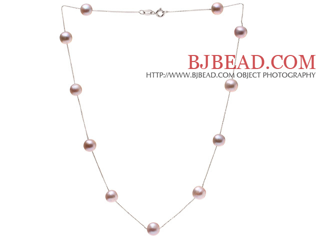 High Quality Single Strand 8-9mm Natural Purple Freshwater Pearl Necklace With 925 Sterling Silver Chains (No Box)