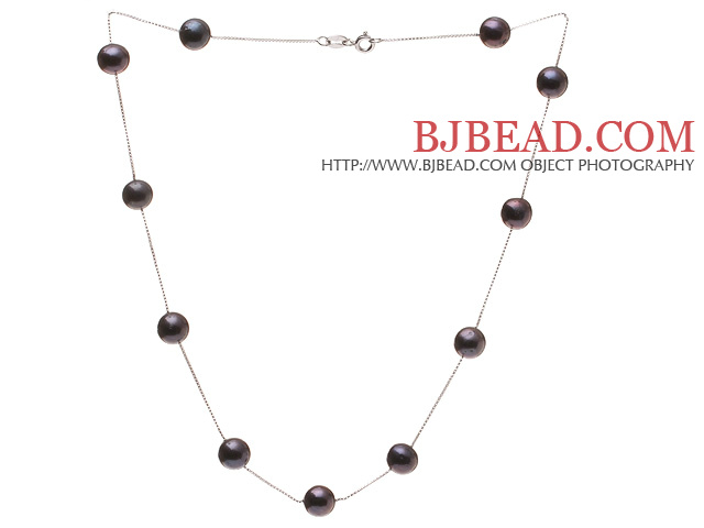 High Quality Single Strand 8-9mm Natural Black Freshwater Pearl Necklace With 925 Sterling Silver Chains (No Box)