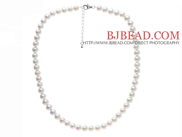 Fashion A Grade 7.5-8mm Natural White Freshwater Pearl Beaded Necklace With Sterling Silver Lobster Clasp (No Box)