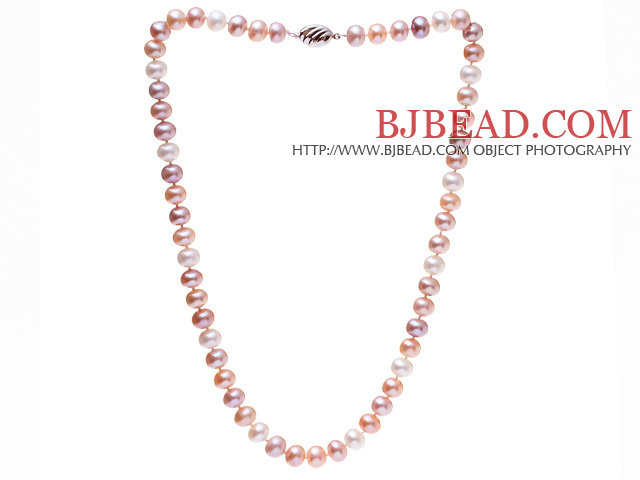 Fashion 8-9mm Natural White Pink And Purple Freshwater Pearl Beaded Necklace (No Box)