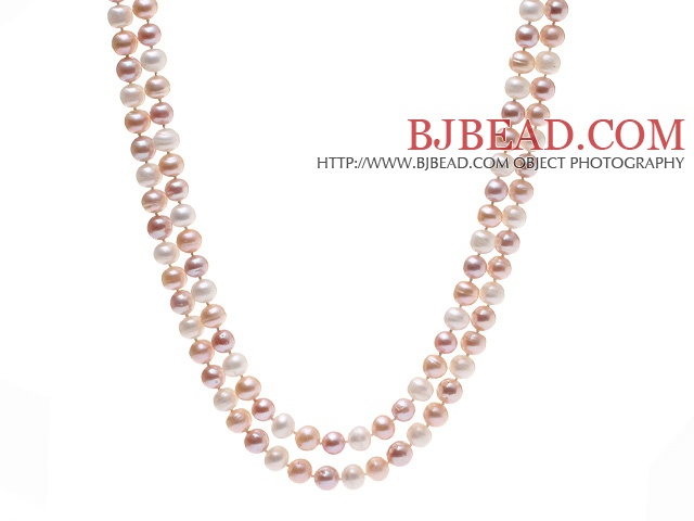 Elegant Long Design 8-9mm Natural White Pink And Purple Freshwater Pearl Beaded Necklace